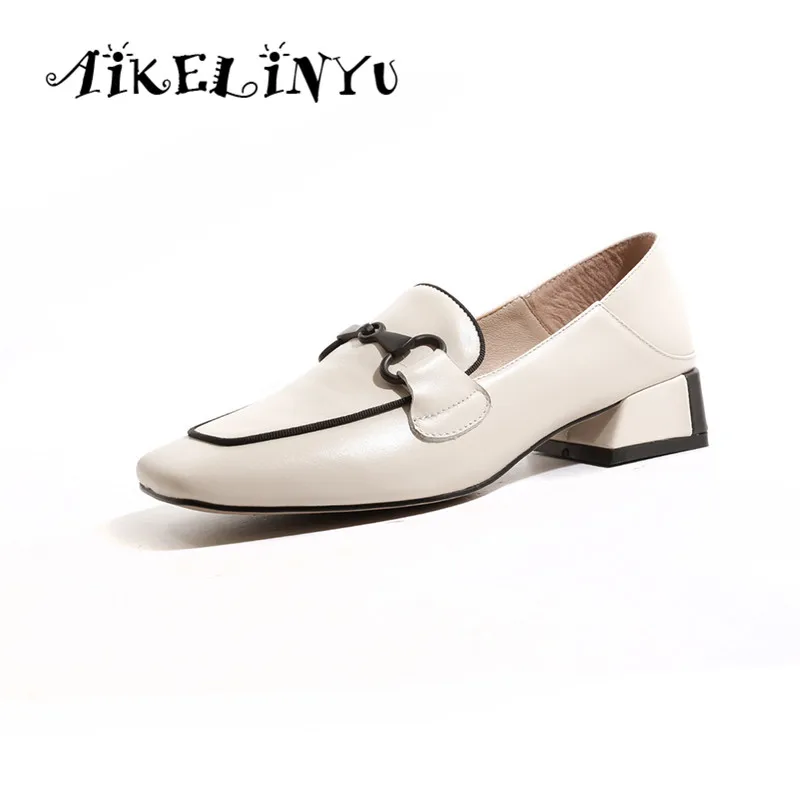 AAIKELINYU Новые женские туфли-лодочки коровья кожа мода металлической цепью удобные Обувь на квадратном каблуке, без шнуровки, на Повседневное ручной работы; женские туфли-лодочки - Цвет: Бежевый