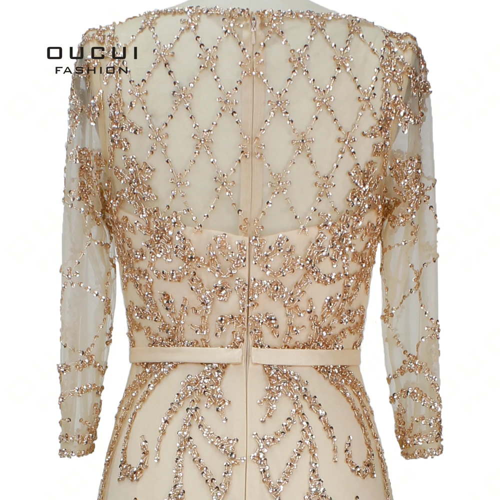 Plus Size Luxury Gown Muslim Sequined O-Neck Long Prom Dresses 2019 Full Beaded Gray Robe Soiree Tulle Gold Party Dress OL103391