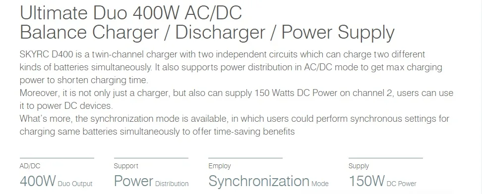 SKYRC D400 Ultimate Duo 400 Вт AC/DC баланс Зарядное устройство/Dis Зарядное устройство/Питание Двухканальное Зарядное устройство в Зарядное устройство s