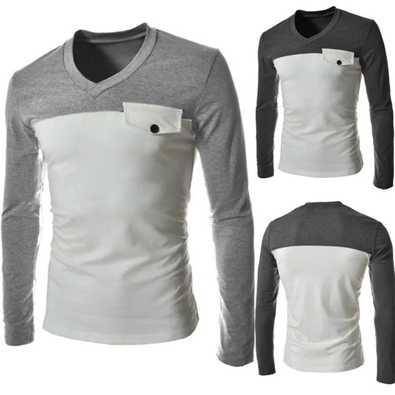 Мужская футболка с длинным рукавом и V образным вырезом|tees men|fashion teeslong sleeve t-shirt |