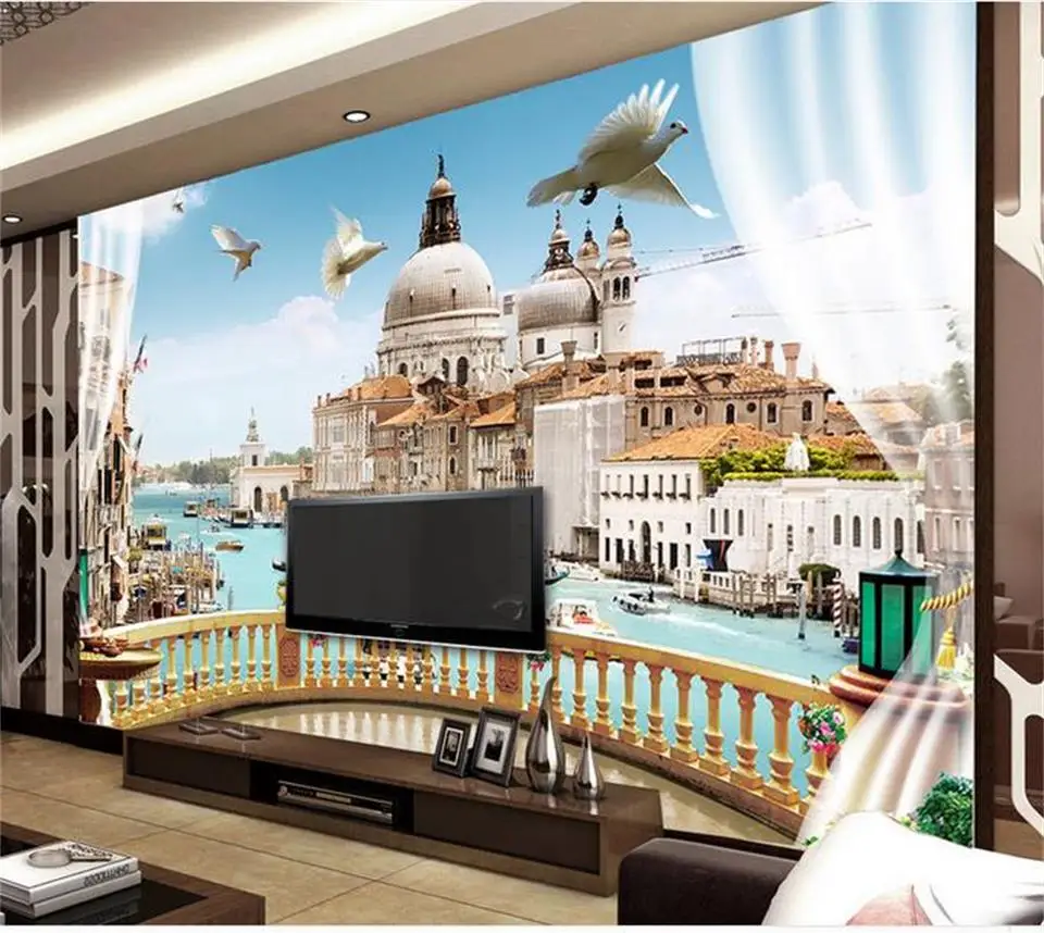 Пользовательские 3d фото обои Гостиная Фреска Окно балкон Рим пейзаж живопись ТВ