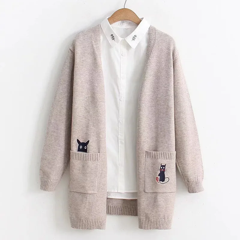 Cartoon Cat Embroidery On Pockets Long Sleeve Cardigans Casual Women Knitting Outwear 2018 Spring Autumn Knitwear |
