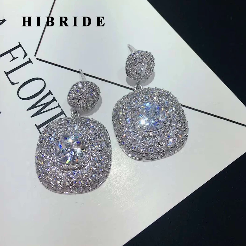 

HIBRIDE Fashion Rectangle Shape CZ Drop Earrings Women Wedding Party Jewelry Dangle Earrings Brincos Bijoux Wholesale E-880