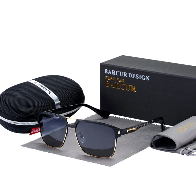 Black Gold Gray Черные высококачественные поляризованные солнцезащитные очки BARCUR для мужчин, солнцезащитные очки для вождения, мужские очки с коробкой - Цвет линз: Black Gold Gray