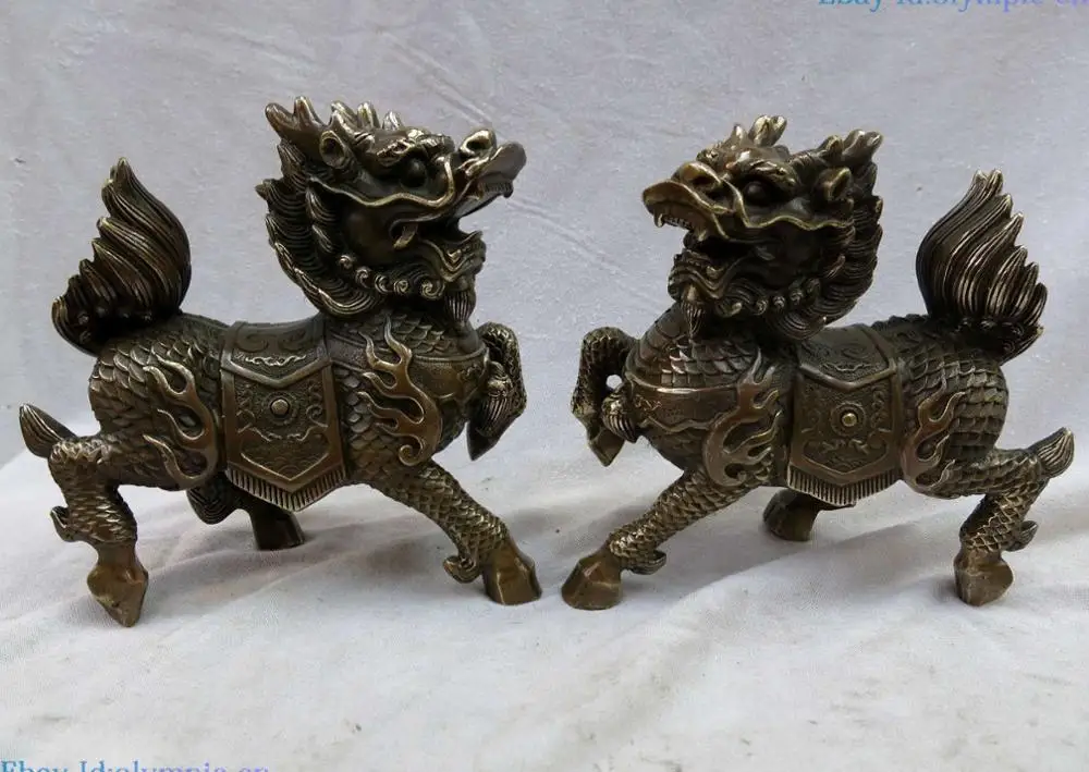

China brass sculpture carved Feng Shui lucky Foo Dogs Lions Kylin pair Statues