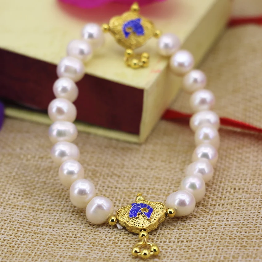 Natural white pearl beads 9-10mm nearround strand bracelet for women fashion gold-color cloisonne spacers jewelry 7.5inch B3099 | Украшения