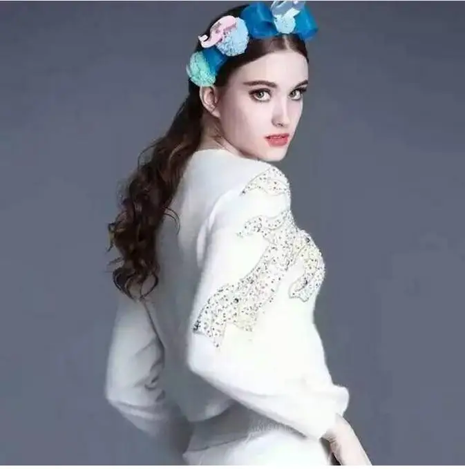 2020 Luxury Runway New Fashion Blue Heavy Embroidery Flowers Sweater Crystals Beading Knitwear Women Sweaters Pullover AW360 | Женская