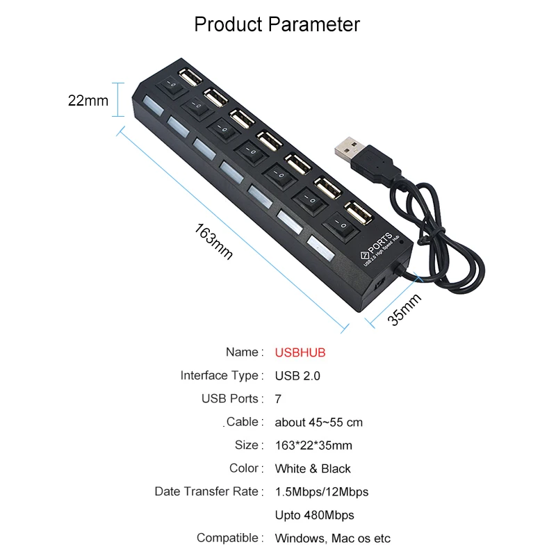 Высокоскоростной USB концентратор 2 0 с 7 портами и светодиодным