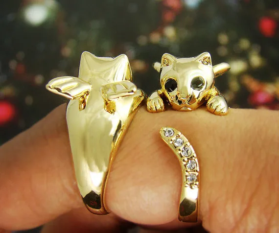 Кольцо с кристаллами в виде котенка и крыла ангела|ring crystal|cat ringfashion rings for women |