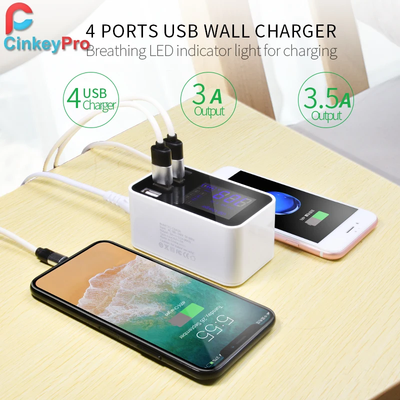 Зарядное устройство CinkeyPro со светодиодным дисплеем 3 порта USB Type C для Samsung iPhone iPad