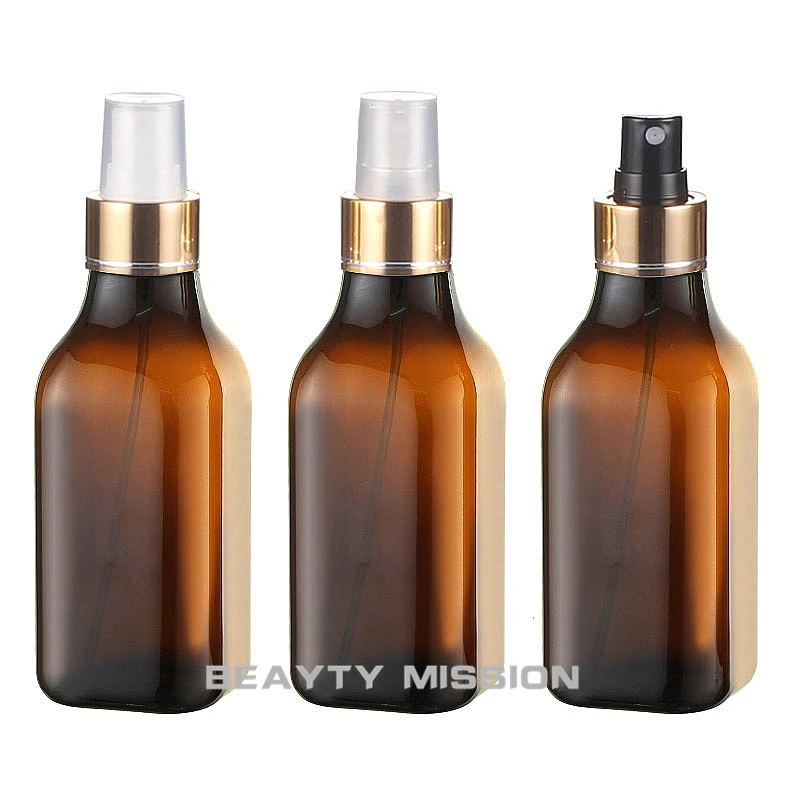 

BEAUTY MISSION 200ML Brown Square Plastic Bottle With Gold Spray Pump, 200CC Toner/Water Sub-bottling, Empty Cosmetic Container