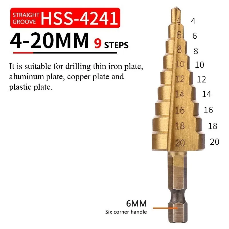 Straight groove 4-20 HSS с титановым покрытием Ступенчатое сверло высокоскоростное стальное конусное сверление электрошлифовальный станок Инструменты для металла, дерева, отверстия, винта, режущий резак - Цвет: Straight groove 4-20