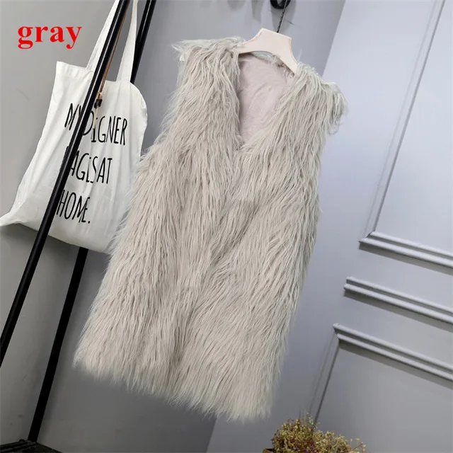 gray faux fur vest Фиолетовый длинный женский жилет из искусственного меха, осень, куртка без рукавов, пальто Colete Feminino, 15 цветов, плюс размер, 3XL, жилет, женский жилет - Цвет: gray faux fur vest