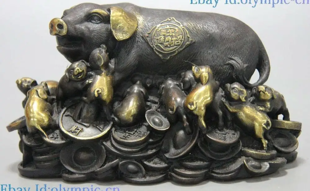 

China brass feng shui sculpture carved money Sycee Yuab Bao many pigs Statue