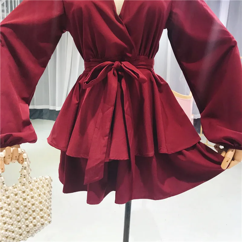 ALPHALMODA Осенний комбинезон с длинными рукавами и поясом-бантом, Одноцветный облегающий женский модный комбинезон с глубоким v-образным вырезом