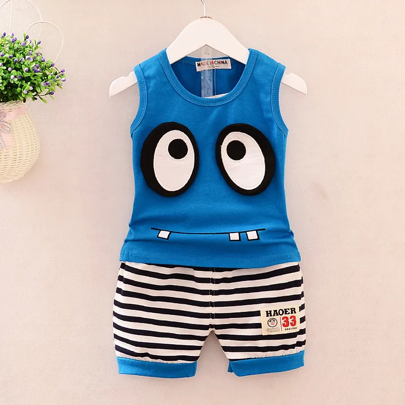 Summer Kid Clothes Set Cotton Cartoon Style Design Baby boy/girls Vest+ Stripe Shorts 2pcs Clothing Set Children Soprt Suit Set