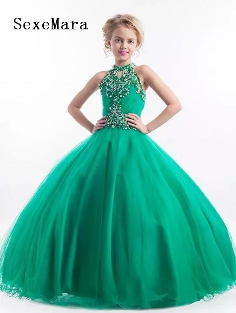 

2018 Glitz Emerald Green Girls Pageant Dresses Halter High Neck Tulle Beaded Crystals Kids Birthday Prom Gowns