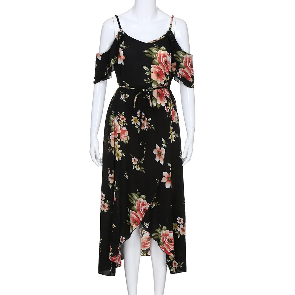 

Plus Size Women Casual Short Sleeve Cold Shoulder Boho Flower Print Long Dress Vestidos De Mujer Casual