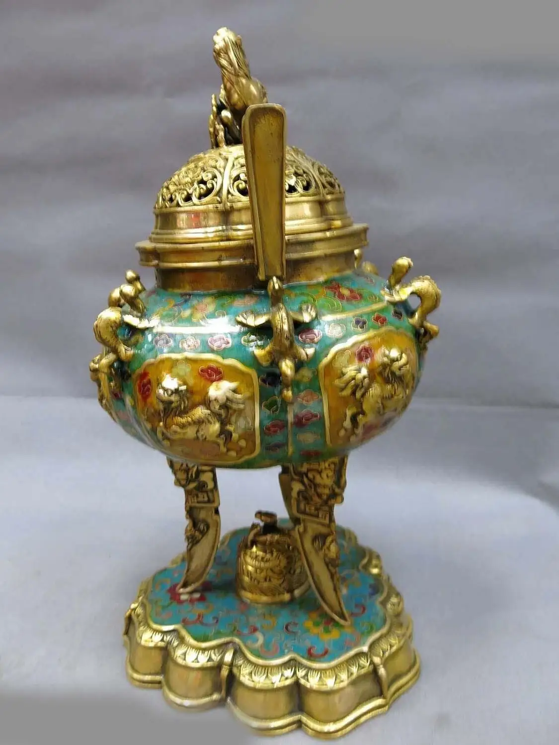 13&quot China bronze gild Cloisonne censer Foo Dog Lion dragon incense burner Statue 32cm | Дом и сад