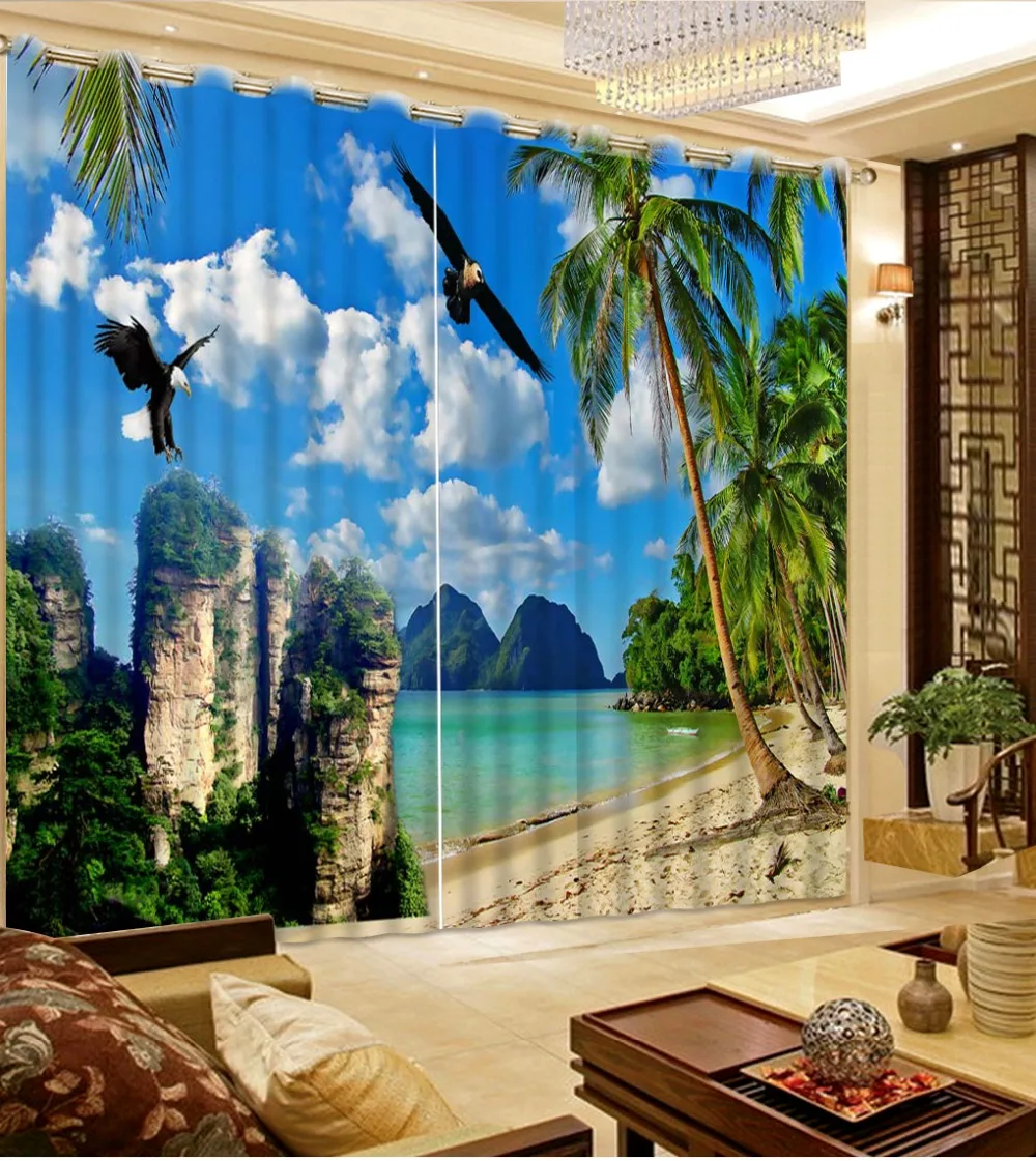 

3D Curtains Coconut beach curtain home window Used for Living room Bedroom landscape Window Blackout Curtain