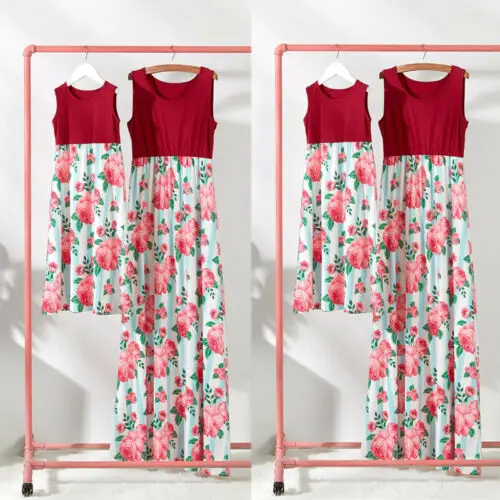 Одинаковое платье для мамы и дочки летнее повседневное длинное без рукавов с