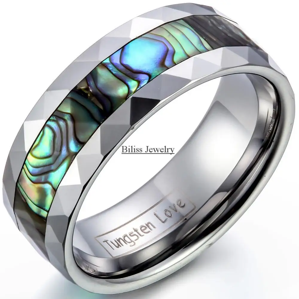 

8mm Tungsten Ring High Quality Men's Abalone Shell Inlay Band Rings Beveled Edge Comfort Fit Design anel tungstenio