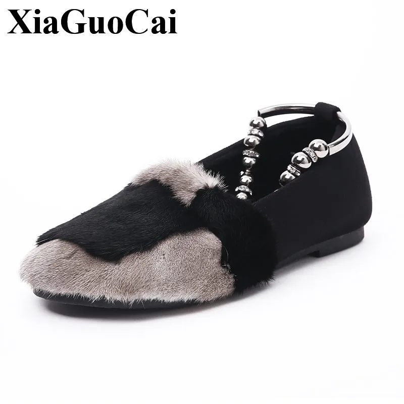 Модные Туфли Новинка осени Для женщин Moccasin gommino с Мех ЖИВОТНЫХ Зимние флисовые