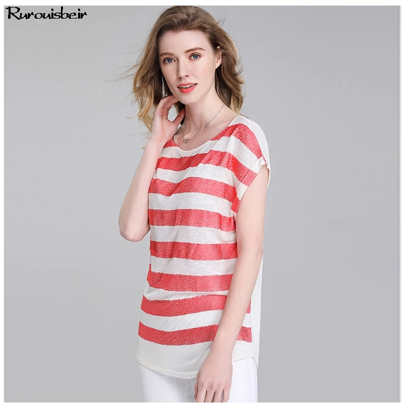 Casual O Neck Striped Top T Shirt Women Chic Embroidery Short Sleeve Tee Femme 2019 Summer Chiffon Plus Size | Женская одежда