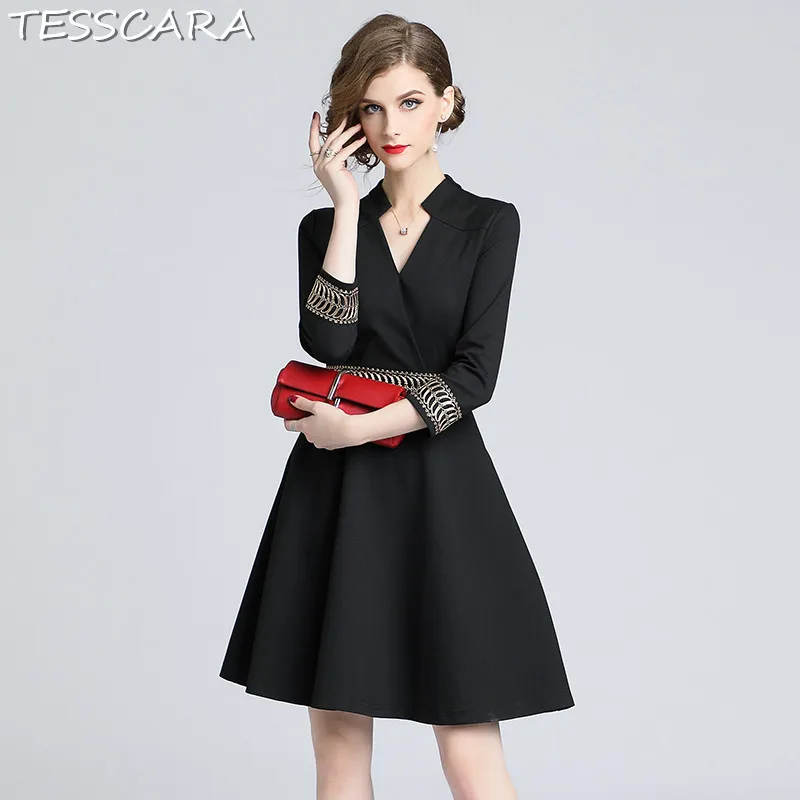 Женское осенне-зимнее элегантное черное платье TESSCARA с вышивкой Женские