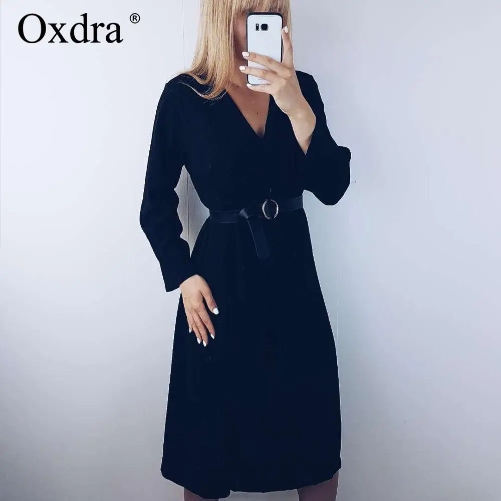 Женское винтажное свободное платье Oxdra повседневное однотонное с длинным