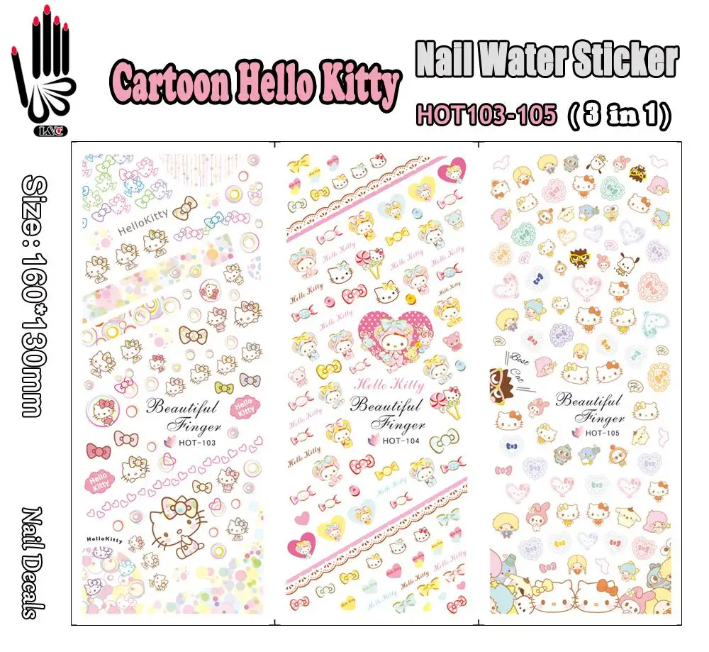 3 листа/партия для HOT103-105 ногтей мультфильм hello kitty Nail Art wrap водные наклейки для украшения ногтей(3 вида конструкций в 1