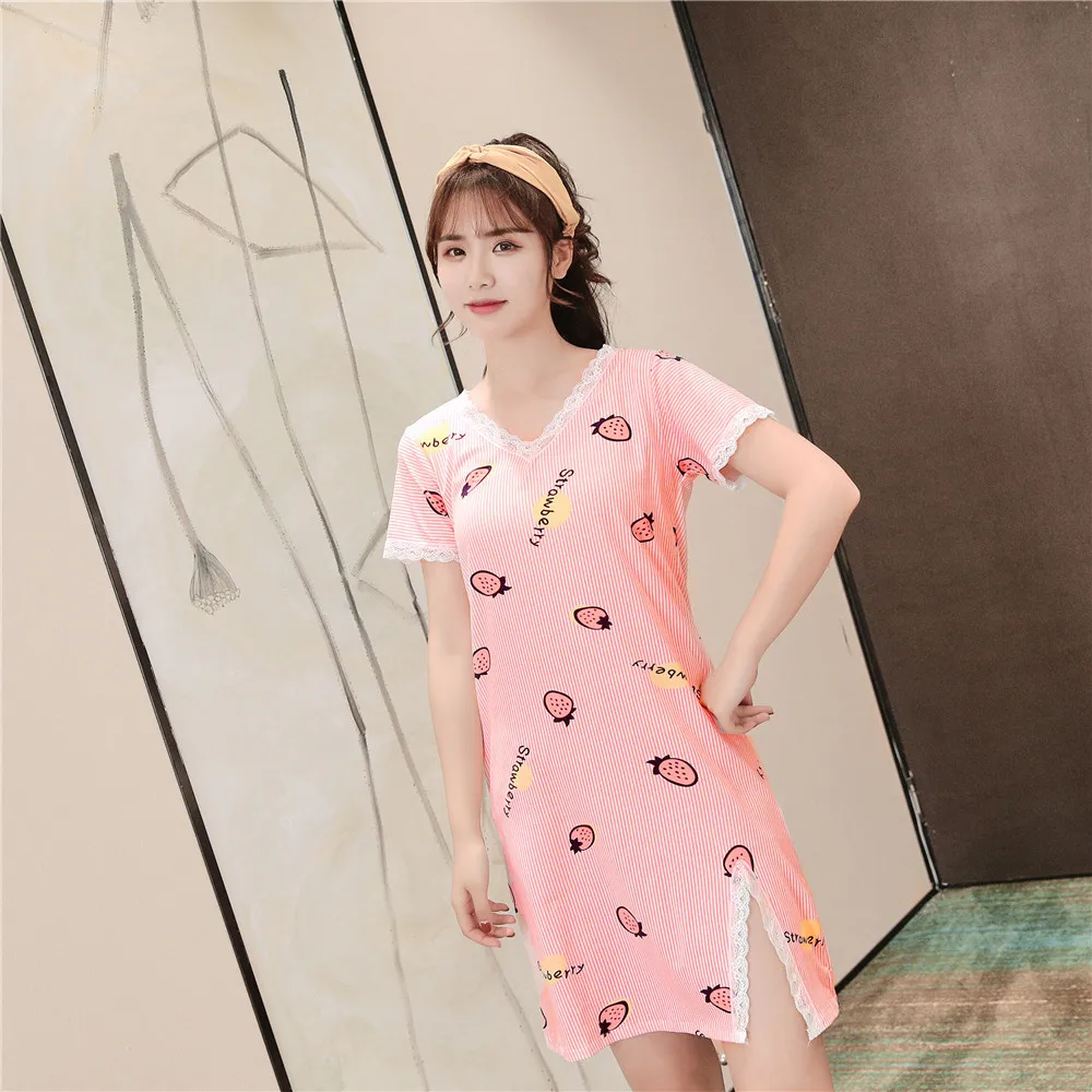 Женская ночная рубашка из хлопка с коротким рукавом и рисунком для дома 2019 |