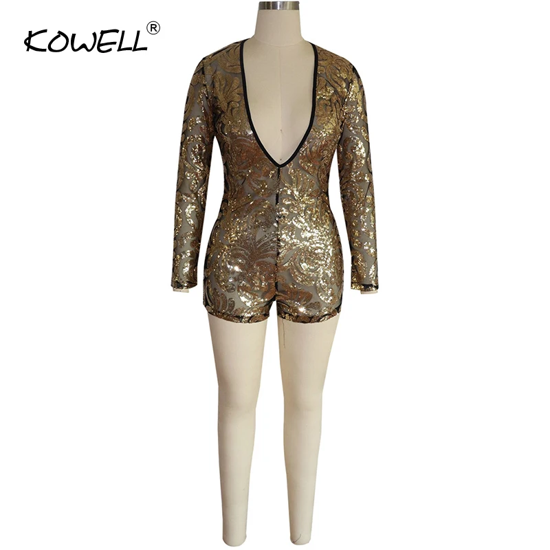 Женский прозрачный сетчатый комбинезон с блестками золотого цвета глубоким V