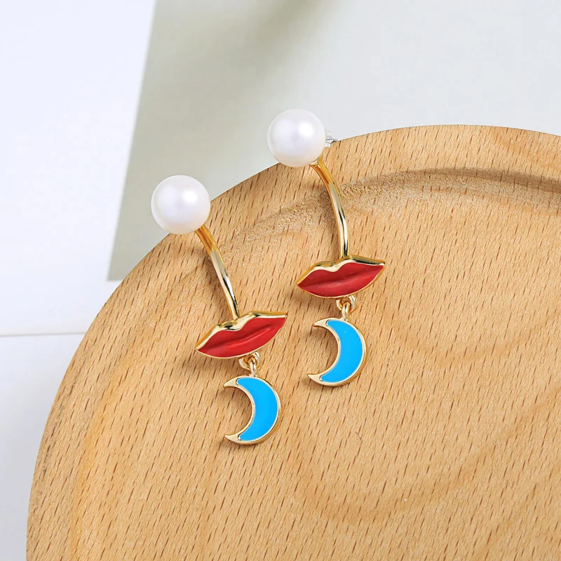 Banny Pink Cute Red Lip Blue Crescent Moon Pendant Earrings For Women Chunky Statement Dangle Free Wear Drop | Украшения и
