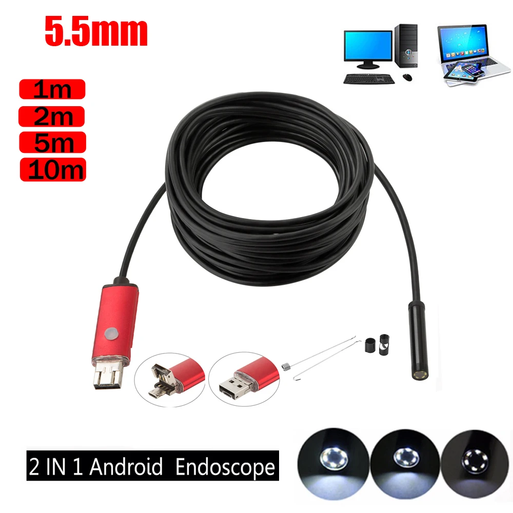 

USB-эндоскоп с объективом 5,5 мм, водостойкий, IP67, 480P, 2 м