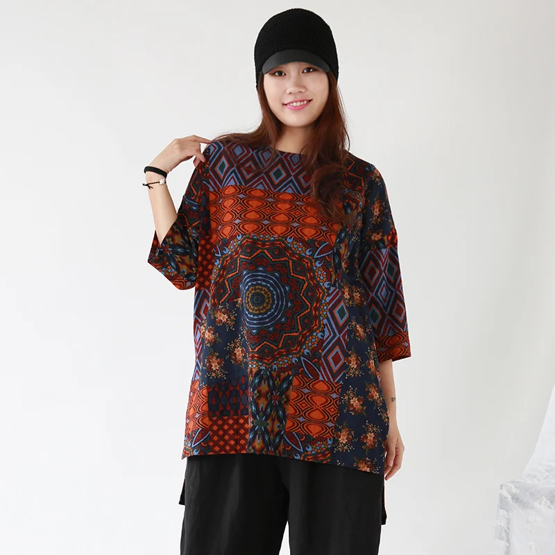 Jiqiuguer Women Coffee Floral Autumn Tops Loose O Neck Print Patchwork Pockets Three quarter Pullover Vintage T Shirts G182Y118 | Женская
