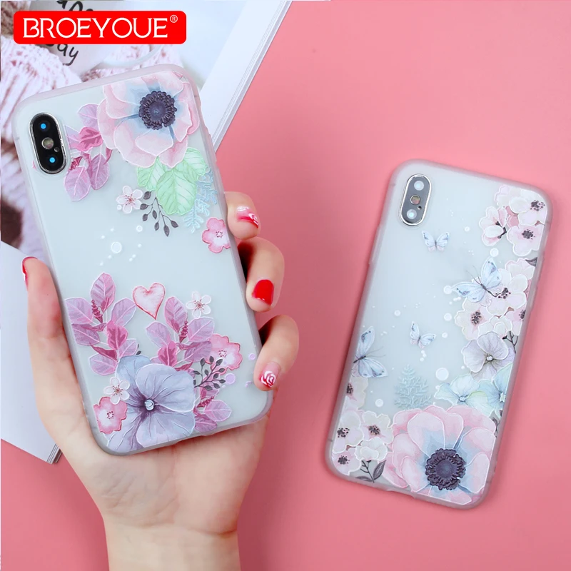 Broeyoue чехол на айфон 7 8 Plus X 3D мягкий рельеф ТПУ цветочный силиконовый 6 6s плюс 5 5S SE