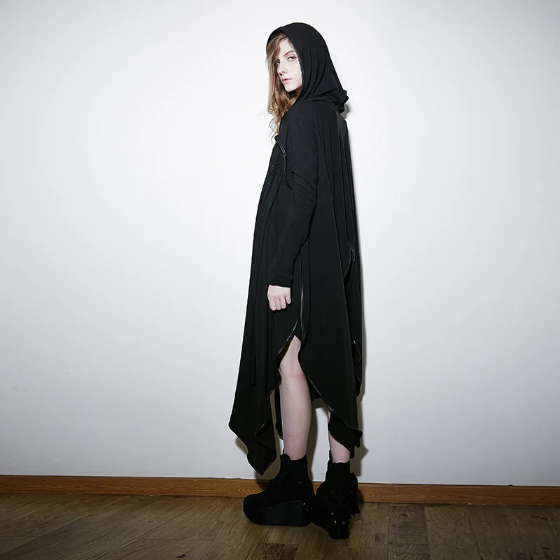 Черная куртка Witchy с капюшоном и низкой асимметричной накидкой в стиле Панк rave PY134