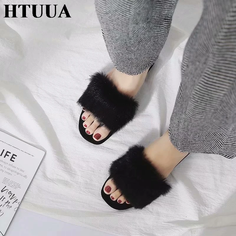 HTUUA/модные пушистые тапочки из искусственного меха женская обувь сандалии на