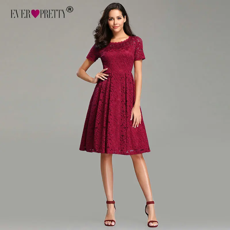 Платья для выпускного, Бургунди Ever Pretty EZ03061 элегантные трапециевидные короткие кружевные сексуальные вечерние платья с коротким рукавом и аппликацией
