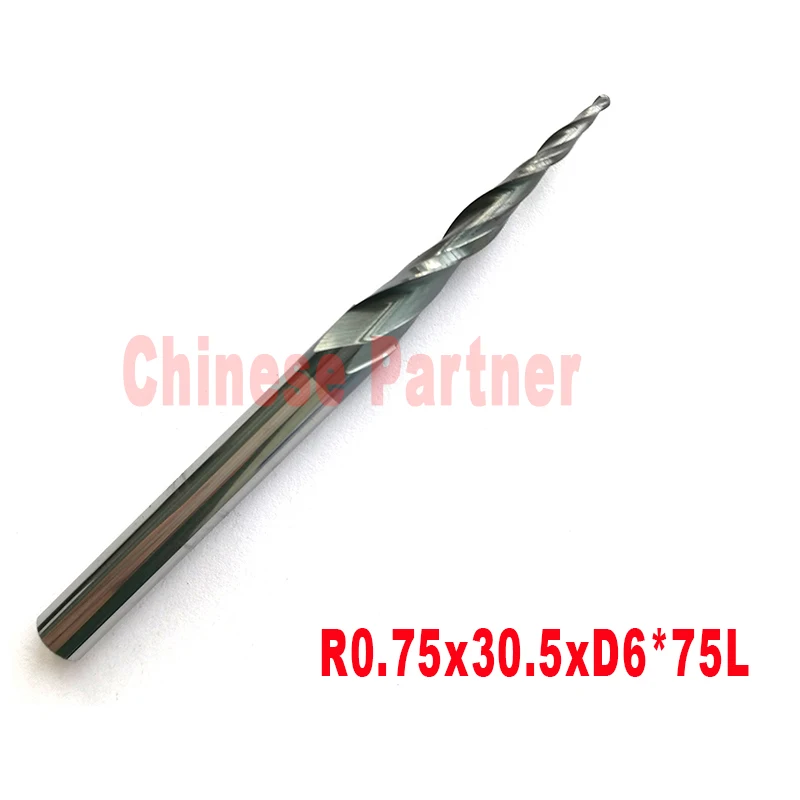 2pcs-R0.75* D6* 30,5* 75L* 2F HRC55 Вольфрам твердый карбид резьба конические концевые фрезы конусные фрезы