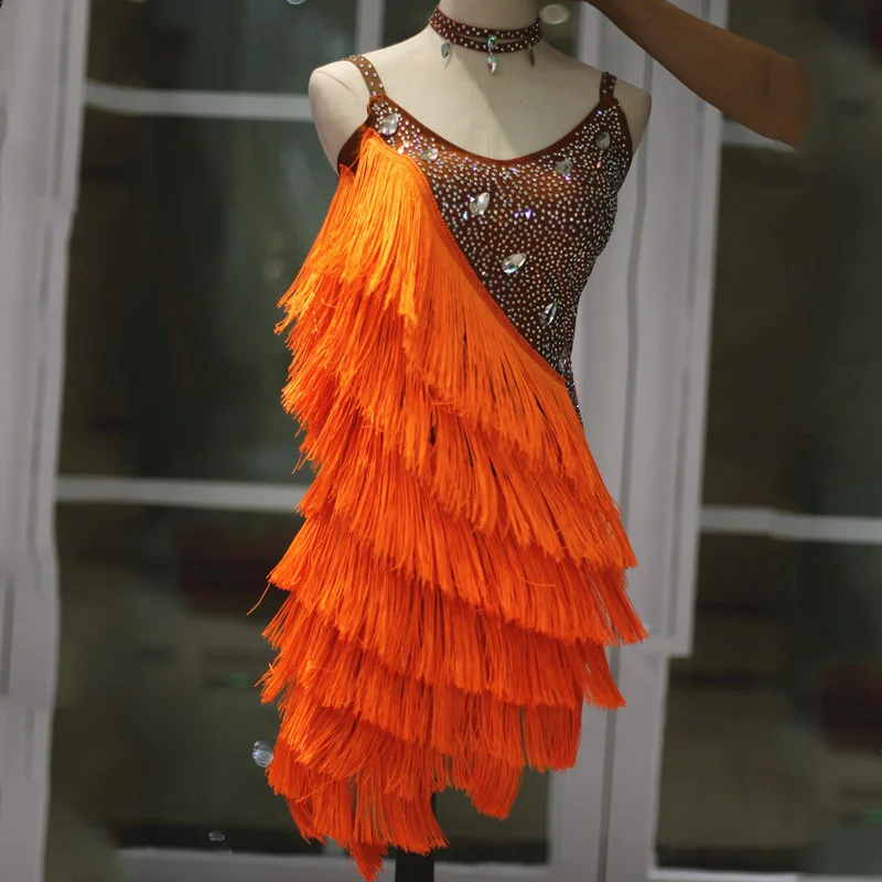 Orange Fringe Красивые! Детские платья, брошь из горного хрусталя для девочек, платье с бахромой, плотная танцевальная одежда с кисточками, платье для танго, платье для латиноамериканских танцев, BL1662 - Цвет: Orange Fringe