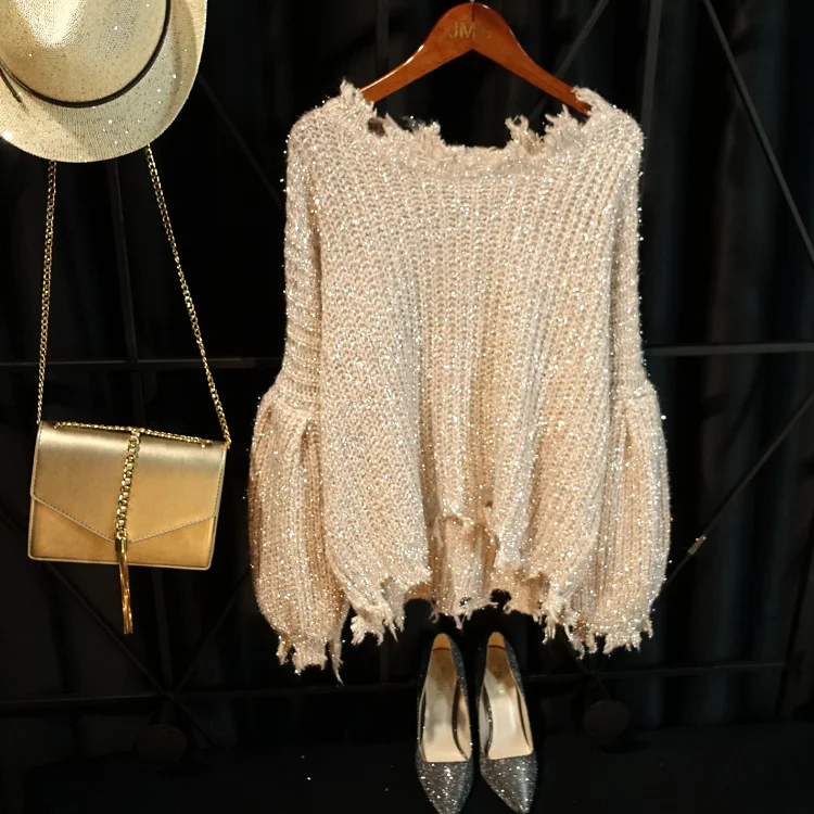 Hot gold lurex Knit Top Women Long Lantern Sleeve Big O-neck Holes Ripped Loose Embellish Sweater Jumper Pull Girl | Женская одежда
