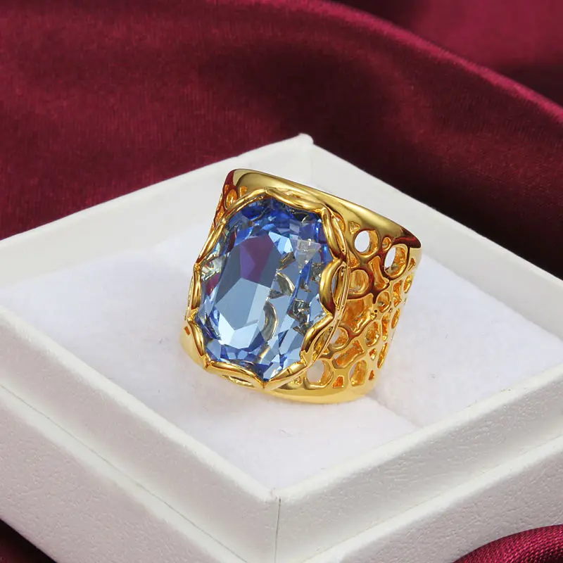 Кольца с синим кристаллом для женщин металлическое кольцо золотого цвета со