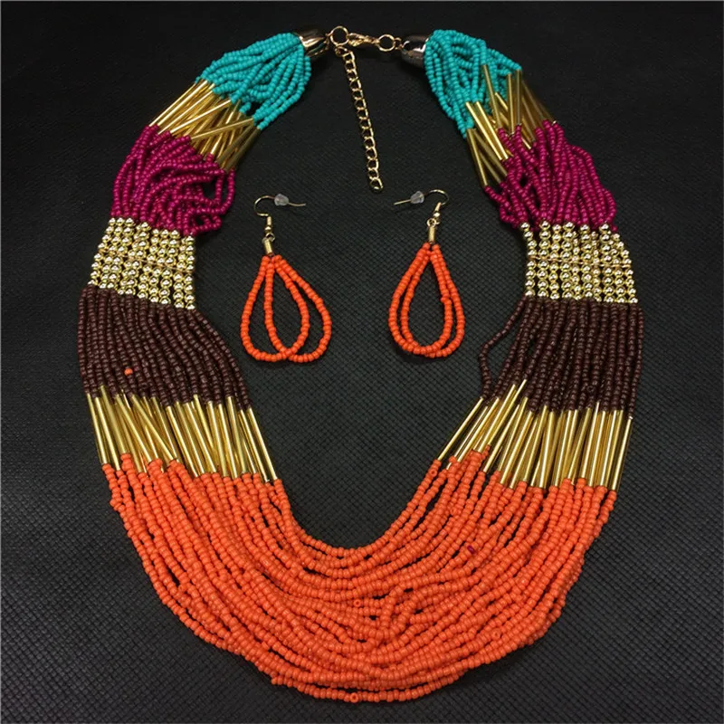 Новый Boho Этнические мульт Llayer бусины ожерелье серьги комплект ювелирных изделий