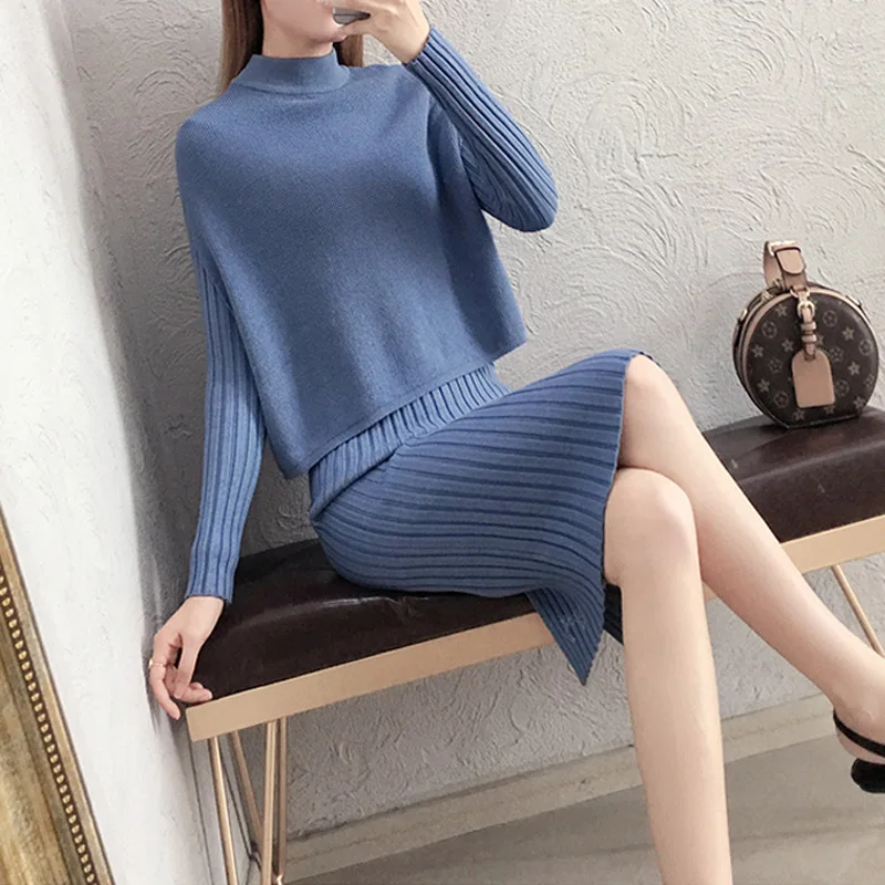 Зимний вязаный комплект из 2 предметов однотонное платье и жилет с толстовкой