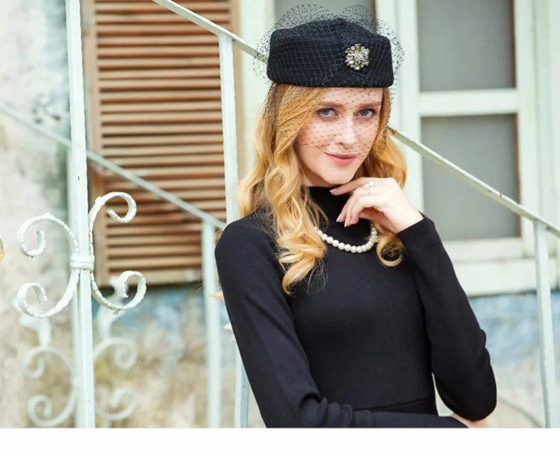 Женская шерстяная шляпа для девочек на свадьбу, шляпа с вуалью, женская кепка в стиле Кентукки, кепка Дерби, Женская шерстяная Кепка, B-7801