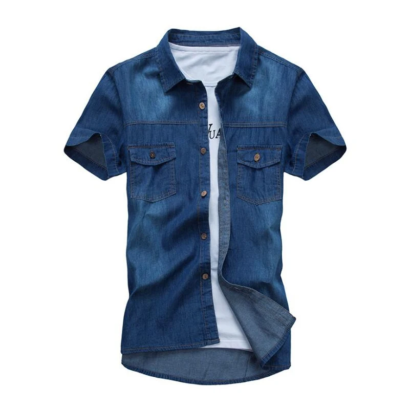 Летние джинсовые рубашки мужские с коротким рукавом модная повседневная рубашка