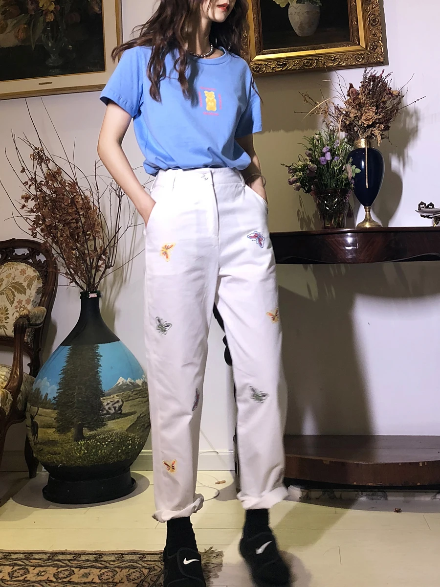 Летние прямые свободные брюки с высокой талией белые женские тонкие длинные