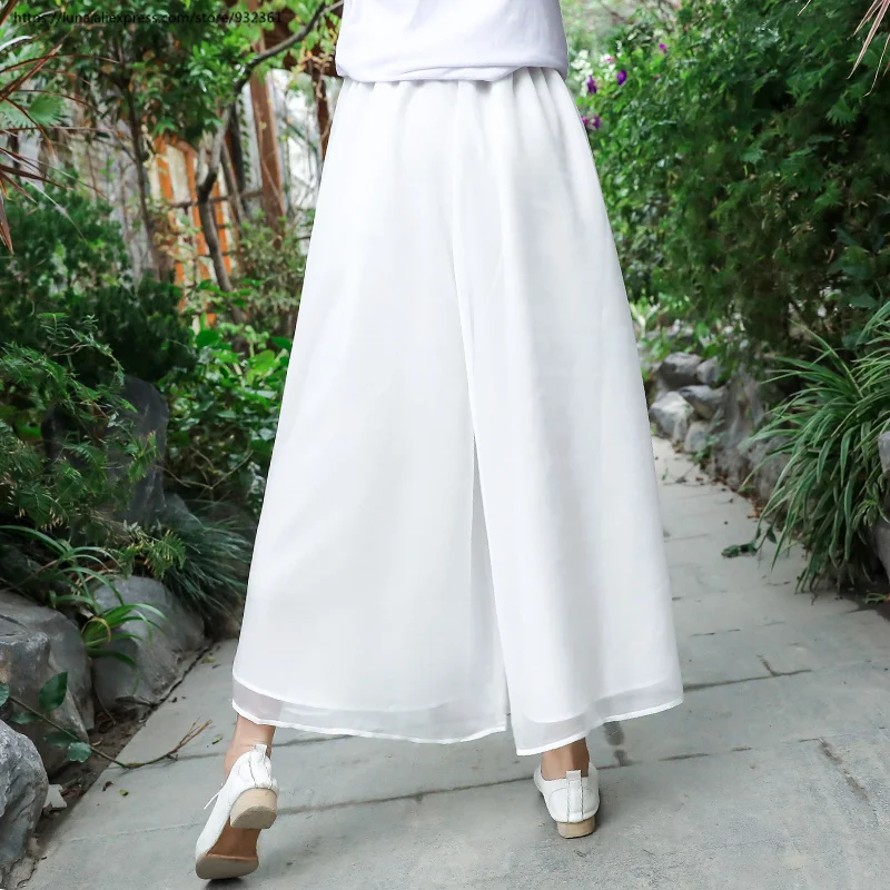 Женская белая шифоновая широкая юбка свободные двухслойные брюки летние слаксы